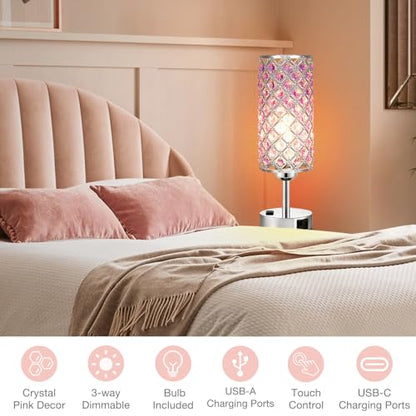 Hong-in Crystal Lamps Set of 2, 3 Way Dimmable Touch Lamp with Crystal Shade, Bedside Nightstand Lamps for Living Room Bedroom Home Office(Purple) - color: Purple