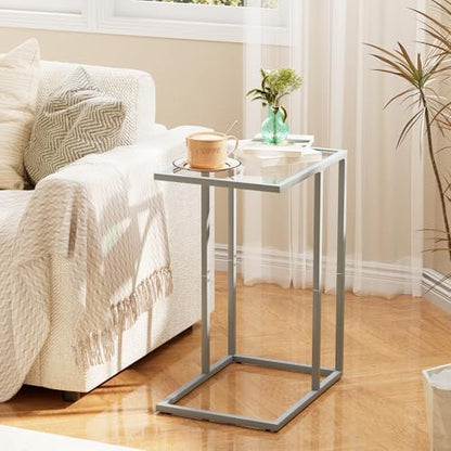 End Table,C Shaped Side Table for Sofa,Glass Couch Tray Snack Dinner Table for Living Room, Bedroom,TV Tray Table for Small Space,Living Room, Bedroom,Easy Assembly (Gray) - color: Grey