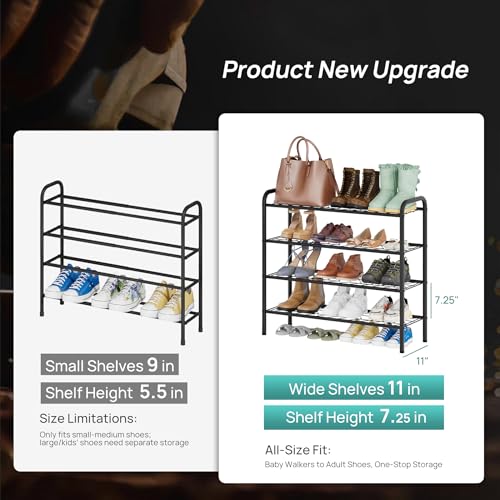 viewcare Shoe Rack for Closet, 4-Tier Long Shoe Rack for Entryway & Garage, Black Shoe Organizer Holds 12-16 Pairs, Sturdy Metal Construction - size: 4-Tier(Long)