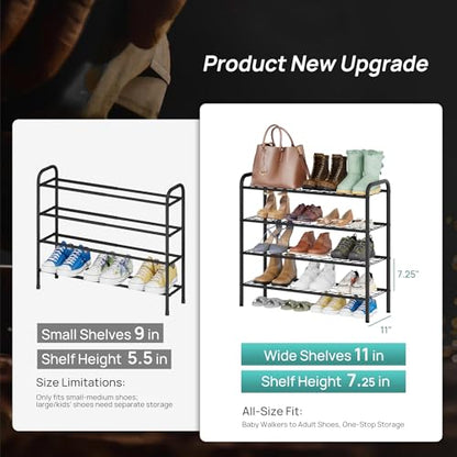 viewcare Shoe Rack for Closet, 4-Tier Long Shoe Rack for Entryway & Garage, Black Shoe Organizer Holds 12-16 Pairs, Sturdy Metal Construction - size: 4-Tier(Long)