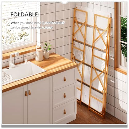 4NM Extra Wide 5 Tiers No Assembly Book Shelves, 51.2" H Folding Bookshelf Bookcase Open Industrial Foldable Shelves for Bedroom, Living Room, Home Office - White Gold - color: White Gold, size: Wide XX 5-Tier