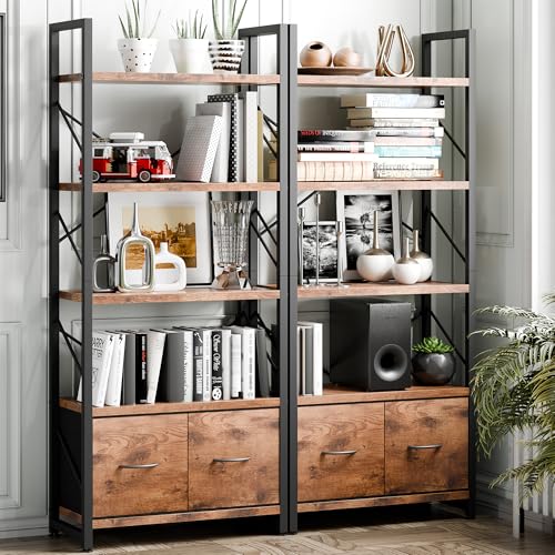 Vongrasig 5 Tier Bookshelf with 2 Drawers, Industrial Tall Bookcase, Modern Display Bookshelves Wood and Metal Shelf, Free Standing Storage Organizer for Office, Living Room, Brown - color: Brown With Drawers