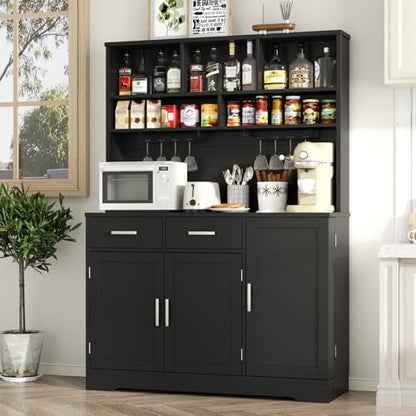 Tall Pantry Cabinet, Modern Kitchen Hutch with Microwave Stand, Kitchen Pantry Storage Cabinet with 2 Darwers & Door Shelf, Food Pantry with Goblet Holders & Adjustable Shelves for Dining Room, Black - color: Black-goblet Holders