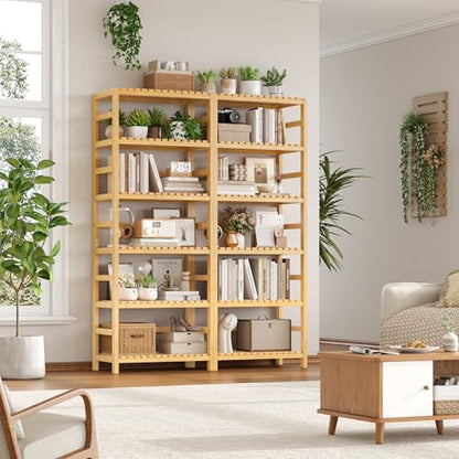 FOTOSOK 6-Tier Bamboo Shelf with Adjustable Shelves, Bamboo Kitchen Cabinet | Tall Bamboo Bookshelf and Plant Shelf with 250-lb Shelf Capacity for Laundry Bathroom Kitchen Pantry Home Office - color: Natural