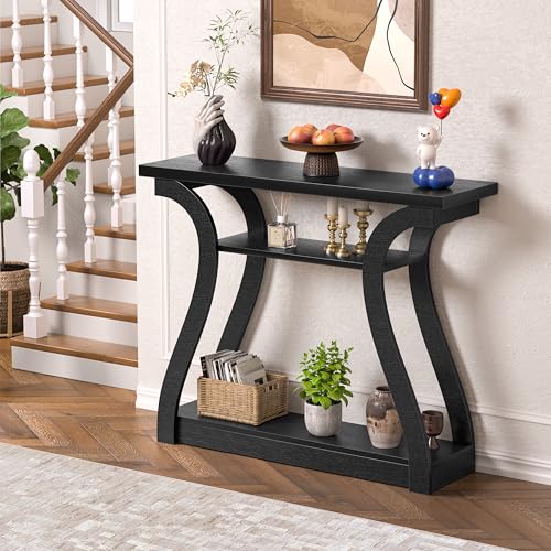 47" Wood Console Table for Entryway, Narrow Sofa Table with 3-Tier Shelves | Curved Legs Farmhouse Hallway Table, Skinny Console Table Behind Couch, Rustic Wooden Entry Table for Living Room (Black) - color: Black