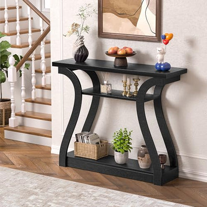 47" Wood Console Table for Entryway, Narrow Sofa Table with 3-Tier Shelves | Curved Legs Farmhouse Hallway Table, Skinny Console Table Behind Couch, Rustic Wooden Entry Table for Living Room (Black) - color: Black
