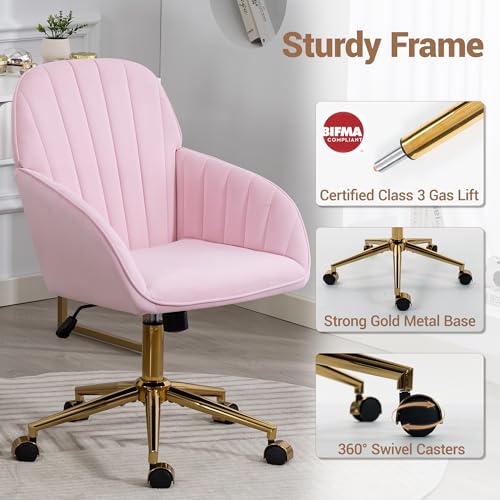 Velvet Make Up Vanity Chair with Wheels and Gold Base 330 Lbs - Pink | Home office Chair, Study Chair, Teacher Chair, Cute Chair, Height Adjustable Swivel Desk Chair, for Living Room Study Room - color: Pink