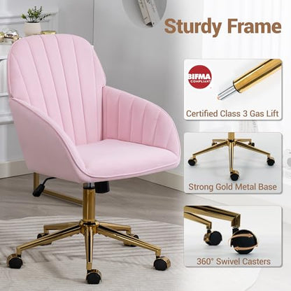 Velvet Make Up Vanity Chair with Wheels and Gold Base 330 Lbs - Pink | Home office Chair, Study Chair, Teacher Chair, Cute Chair, Height Adjustable Swivel Desk Chair, for Living Room Study Room - color: Pink