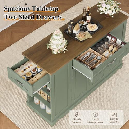 HOSTACK Kitchen Island Cart with Storage, 47'' Kitchen Storage Island on Wheels with 2 Drawers, Rolling Island Table with Adjustable Shelves, Mobile Buffet Sideboard Cabinet for Dining Room, Green - style: Green + Rustic Brown