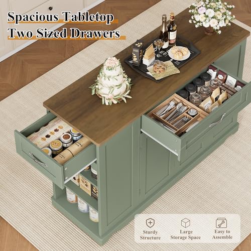 HOSTACK 47" W Kitchen Island Cart with Storage, Rolling Island Table, Green | Mobile Kitchen Storage Islands on Wheels with 2 Drawers, Adjustable Shelves, Movable Buffet Cabinet for Dining room - style: Green + Rustic Brown
