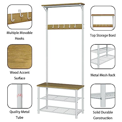 Hall Tree with Bench and Shoe Storage, 3-in-1 Coat Rack Shoe Bench, Freestanding Wooden Coat Rack with Metal Frame, 3-Tier Storage Shelf and 5 Removable Hooks, White - color: 2.white Hall Tree With Top Shelf