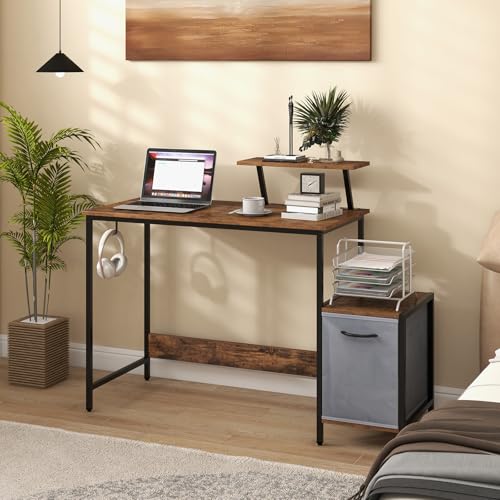 Tangkula Computer Desk with Charging Station, Home Office Desk with Reversible Fabric Drawer, Headphone Hook & Elevated Shelf, Study Writing Table, Industrial PC Workstation for Home