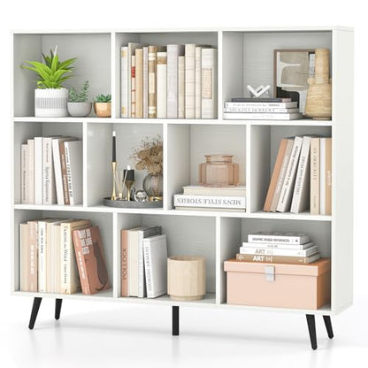 Tangkula 10-Cube Bookcase, Modern 47”L Storage Bookshelf with 5 Tapered Metal Legs & 2 Anti-Tip Kit, Freestanding Display Rack for Living Room, Study Room (White, 10-Cube) - size: Standard 10-Cube