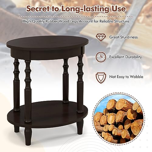 Giantex Oval End Tables Set of 2, 2-Tier Side Tables with Storage Shelf & Solid Wood Legs, Modern Living Room Accent Table, Wood Nightstand for Bedroom, Small Space, 20.5"L x 15.5"D x 24.5"H, Espresso - color: Espresso