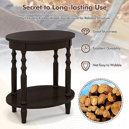 Giantex Oval End Tables Set of 2, 2-Tier Side Tables with Storage Shelf & Solid Wood Legs, Modern Living Room Accent Table, Wood Nightstand for Bedroom, Small Space, 20.5"L x 15.5"D x 24.5"H, Espresso - color: Espresso