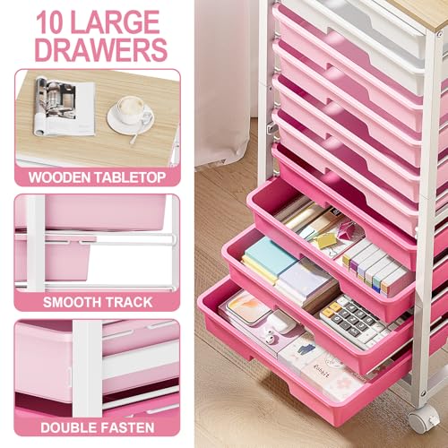 SYKIARIOL Rolling Cart with Drawers,10 Drawer Rolling Cart,Storage Cart,Utility Cart,Teacher Cart for Classroom Storage,Craft Cart with Wheels and Wooden Tabletop,Pink - color: Pink