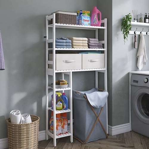 SMIBUY Over The Toilet Storage with Drawers, Large Bathroom Space Saver Organizer Rack, Freestanding Behind Toilet Stand with 6-Tier Shelf and Waterproof Feet Pad for Restroom, Laundry (White) - color: White