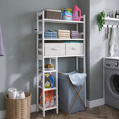 SMIBUY Over The Toilet Storage with Drawers, Large Bathroom Space Saver Organizer Rack, Freestanding Behind Toilet Stand with 6-Tier Shelf and Waterproof Feet Pad for Restroom, Laundry (White) - color: White