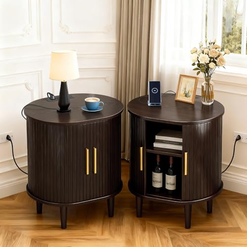 DHH Mid Century Modern Nightstand with Charging Station, Fluted Accent Side Table with Sliding Door & Adjustable Shelf, End Table for Small Space, Living Room, Bedroom,Sofa Couch(1, Dark Walnut) - color: Dark Walnut