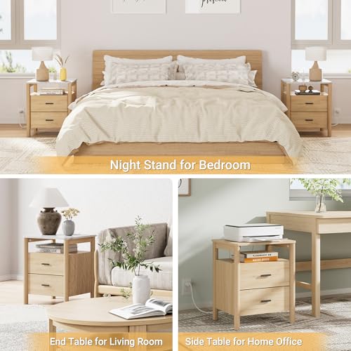 Night Stand, 20" Wide Nightstand, Modern Large Nightstand with Charging Station & Faux Marble Top, 2 Drawer End Table with Solid Round Post Legs, Bedside Table for Bedroom, Natural Oak - color: Natural Oak + Faux Marble Top, size: 20''W x 15.7'D x 24''H (