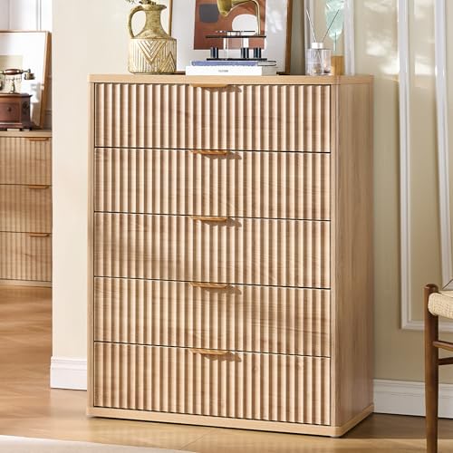 LEYAOYAO Fluted 5 Drawers Dresser for Bedroom, 41" Tall Modern Chest of Drawers with Metal Handle, Curved Profile Farmhouse Closet Organizer Wood Dressers TV Stand for Living Room, Natural - color: Natural, size: 15.4"D x 31.5"W x 41"H (5 Drawers)