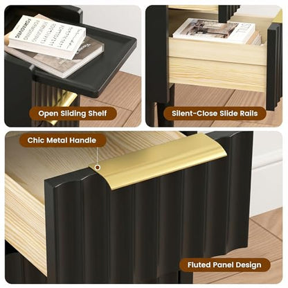 Fluted Narrow Nightstand with Charging Station, Solid Wood Night Stand with 2 Drawers, Black Mid Century Modern Led Nightstand, Small Beside Table with Open Storage Shelf for Bedroom （10 inch） - color: Black