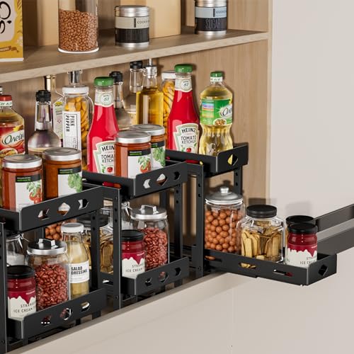 BOIVSHI Pull Out Spice Rack Organizer, 2-Tier Vertical Spice Rack, Height Adjustable for Kitchen Cabinet (5.3''Wx10.8''Dx9.2''H, Metal Black) - size: 5.3''Wx10.8''Dx9.2''H,2 Tier