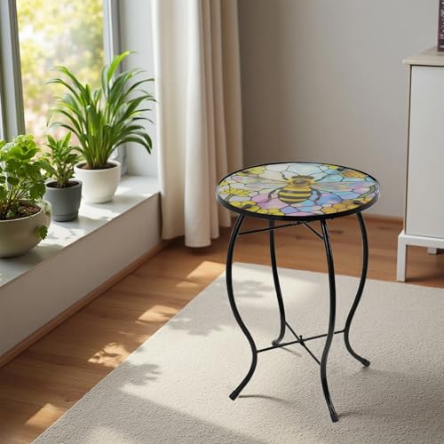 Small Side Table with Metal Frame, 10.5" Round Side Tables with Bee Pattern,Outdoor Table for Balcony,Terrace,Garden,Living Room - color: Bee