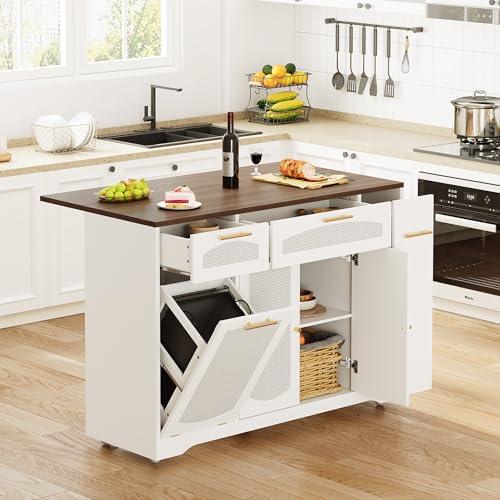 IDEALHOUSE 53.1" Rattan Kitchen Island with Storage, Rolling Dining Cart with Trash Storage Cabinet, Mobile Island Cart with Drop Leaf, Adjustable Shelves, Drawer, 5 Wheels (White) - color: White