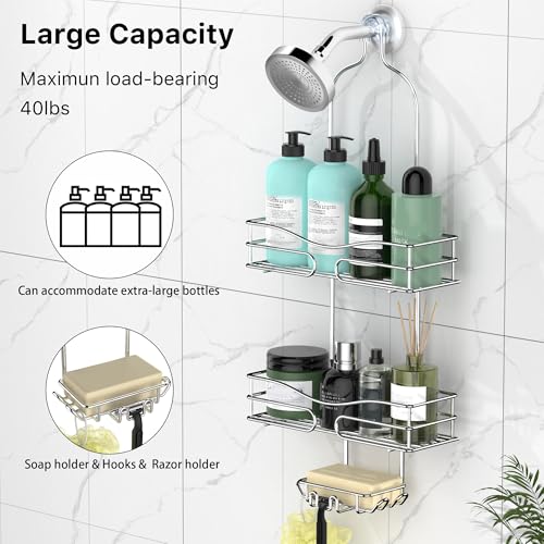 DAOYA Shower Caddy - Organizer with 6 Hooks, Soap Basket & Self-Adhesive Pad, Silver - color: Silver