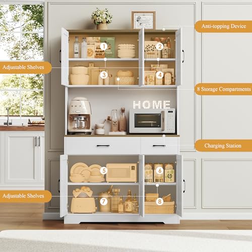 HOSTACK 71" Pantry Cabinet with Charging Station, Tall Kitchen Pantry Storage Cabinet with Microwave Stand, Farmhouse Kitchen Hutch with Storage Drawers for Living Room, Dining Room, White - color: White/Rustic Brown