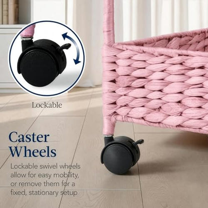 Best Choice Products 3-Tier Water Hyacinth Rolling Nursery Caddy w/Wheels, Utility Cart, Storage Organization for Bathroom, Craft Room, Laundry Room - Pink - color: Pink
