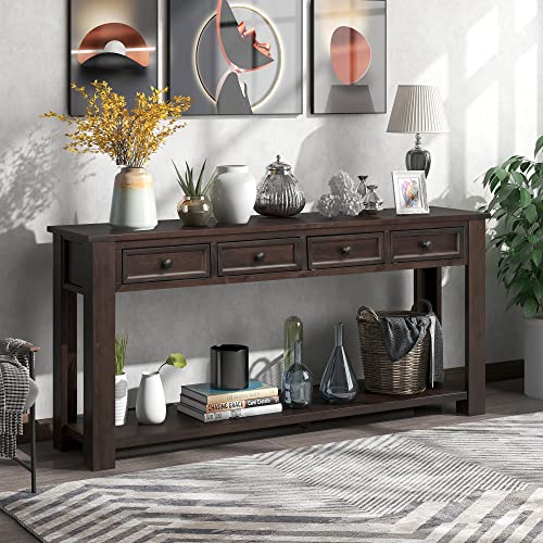 LKTART Solid Wood Console Table for Entryway,63" Sofa Table with 4 Drawers | Console Table with Storage Drawers,Farmhouse Sofa Table,Entryway Table for Hallway Foyer,Living Room,Easy Assembled,Espresso - color: Distressed Black