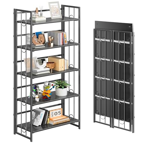 4NM No Assembly 5 Tiers Folding Bookshelf, 59.4" H Foldable Storage Shelves Vintage Bookcase Standing Racks Study Organizer Home Office - All Black - color: All Black, size: 5-Tier