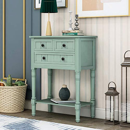 MTHOUSE Solid Wood Narrow Console Table, Entryway Table for Hallway & Living Room, Slim Sofa Table with 3 Drawers & Shelf, Easy Assembly Storage Furniture (Retro Blue) - color: Retro Blue