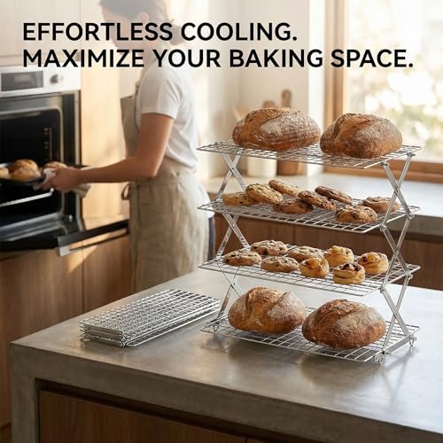 4-Tier Collapsible Cooling Rack for Baking | Adjustable Stackable Wire Rack for Cookies, Cakes & Roasting | Space-Saving Foldable Design for Small Kitchens & Camping (Silver) - color: Silver