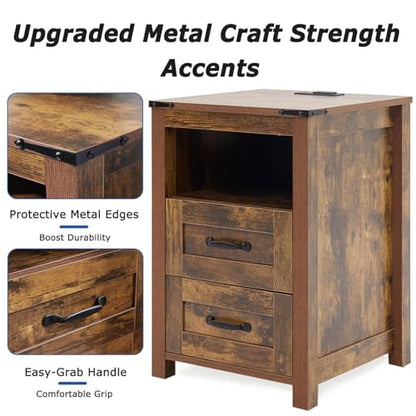 Farmhouse Night Stand Set of 2, Rustic Brown Nightstand for Bedroom, End Tables with Charging Station, Bedside Table with Drawers, Wood Bedside Cabinet Dresser - color: Brown, size: 2pcs with Charging