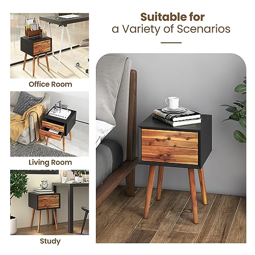 GOFLAME Nightstand with 2 Drawers, Small Wooden Side Table, Mid Century Modern Bedside Table with Storage, Compact End Table for Bedroom, Easy Assembly, Black & Natural - color: Black & Natural