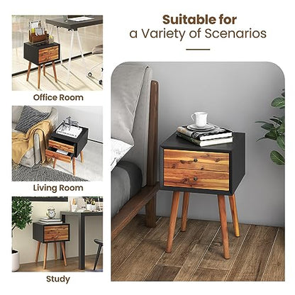 GOFLAME Nightstand with 2 Drawers, Small Wooden Side Table, Mid Century Modern Bedside Table with Storage, Compact End Table for Bedroom, Easy Assembly, Black & Natural - color: Black & Natural