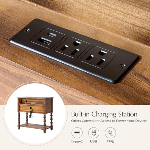HULALA HOME Farmhouse End Table with Charging Station, 2PK Walnut | Open Shelf Storage, Drawer Organization, Spindle Legs, Solid Wood Details - color: Walnut
