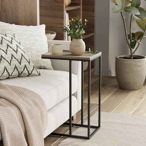 Farmhouse C Shaped End Table with Distressed Beaded Edge Tray Top, Modern Slim Snack Side Table with Metal Base, Black - color: Black, style: Beaded Edge