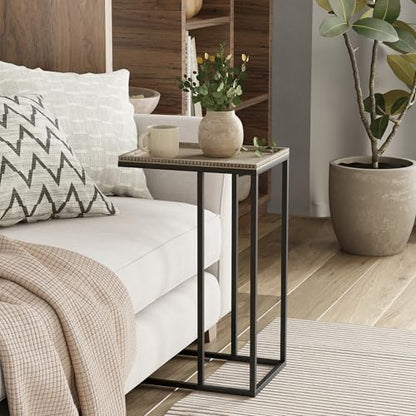 Farmhouse C Shaped End Table with Distressed Beaded Edge Tray Top, Modern Slim Snack Side Table with Metal Base, Black - color: Black, style: Beaded Edge