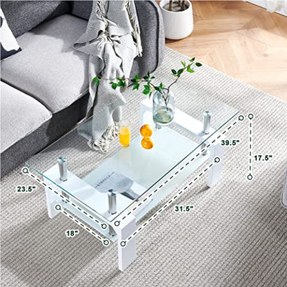 Living Room Rectangle Coffee Table, Tea Table Suitable for Waiting Room, Modern Side Coffee Table with Wooden Leg, Glass Tabletop with Lower Shelf, White 39.5 * 23.5 * 17.5 - color: White