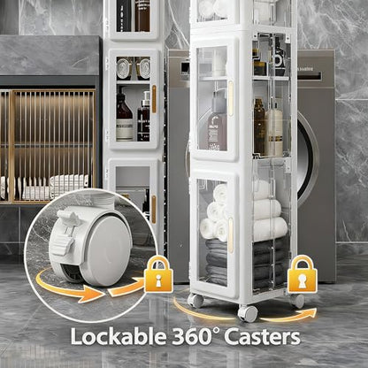 VECELO 4 Tier Tall Plastic Slim Storage Cabinet with Lockable Wheels, Adjustable Shelves, Anti-Tip for Bathroom, Living Room, Laundry Room, Kitchen, Narrow/Small Space, Easy Assembly, Clear