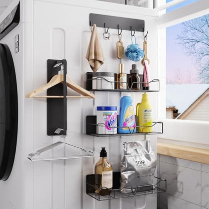 Magnetic Shelves for Washing Machine, 5 Pack Heavy Duty Laundry Shelf Organizer with Hooks, Strong Magnetic Storage Rack for Washer, Dryer, Refrigerator & Kitchen Laundry Organizer (Black)