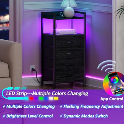 Furnulem Night Stand with Charging Station, Black Nightstand with Drawers and Led Light, Tall Dresser for Bedroom, Bedside Table with Fabric Storage Bins, Metal Frame, Wood Furniture - color: Black Oak