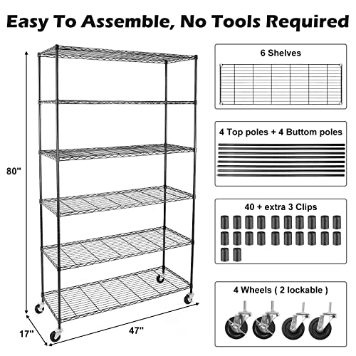 NSF Certified Storage Shelves on Wheels, Heavy Duty Metal Shelves for Storage with Adjustable Stand, 6-Tier Wire Shelving Unit for Garage Pantry Kitchen Shelf Rack(17" W*47" D*80" H), Black - size: 6tier 47"D x 14"W x 80"H