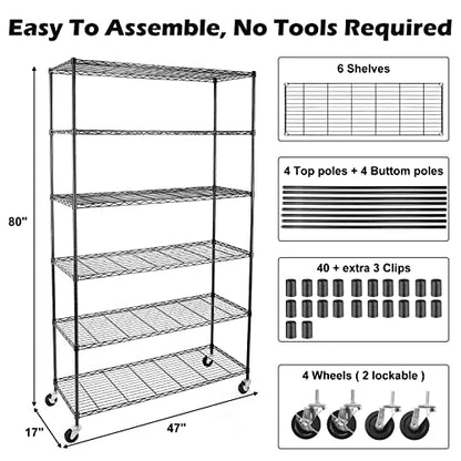 NSF Certified Storage Shelves on Wheels, Heavy Duty Metal Shelves for Storage with Adjustable Stand, 6-Tier Wire Shelving Unit for Garage Pantry Kitchen Shelf Rack(17" W*47" D*80" H), Black - size: 6tier 47"D x 14"W x 80"H