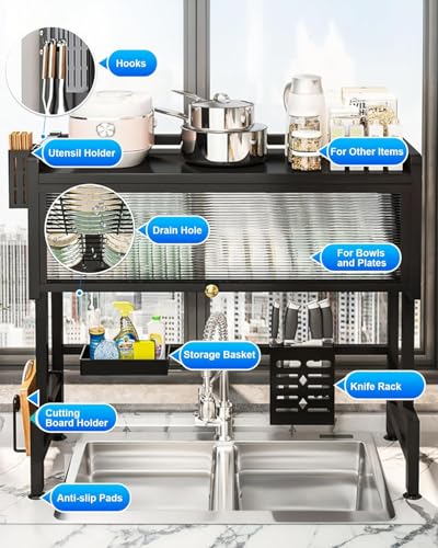 ASIEIT Dish Drying Rack, 3-Tier Over The Sink Dish Drying Rack, 33.5" Over Sink Dish Rack for Small Kitchen, Space-Saving Dish Rack with Cover, Baskets, Utensil, Large Sink Storage Organizer Black