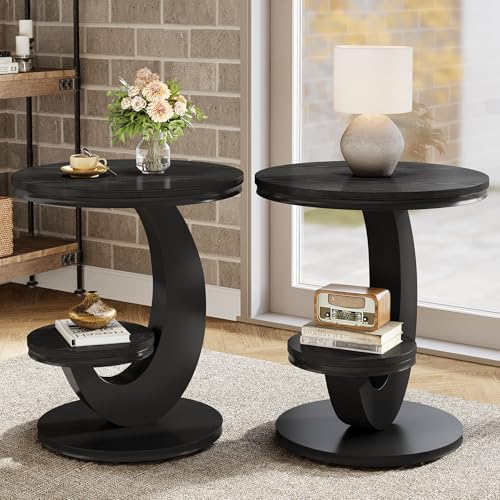 Tribesigns Round End Table Set of 2, 2 Tiers Side Table with Storage Shelf, Sofa Side Bedside Nightstand with Metal Arc-Shaped Frame for Small Spaces, Living Room, Bedroom, Black (2PCS) - color: Black